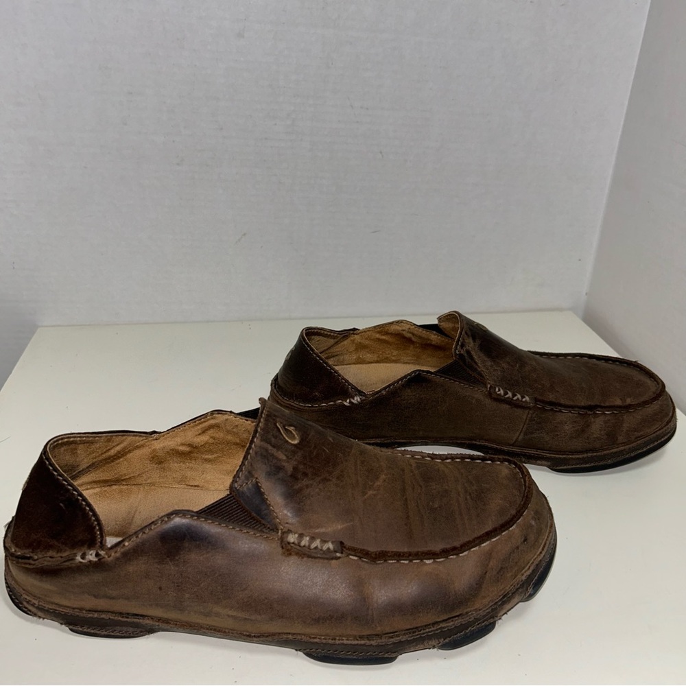 Olukai Moloa Distressed Brown Leather Slip-On Loafer Slipper